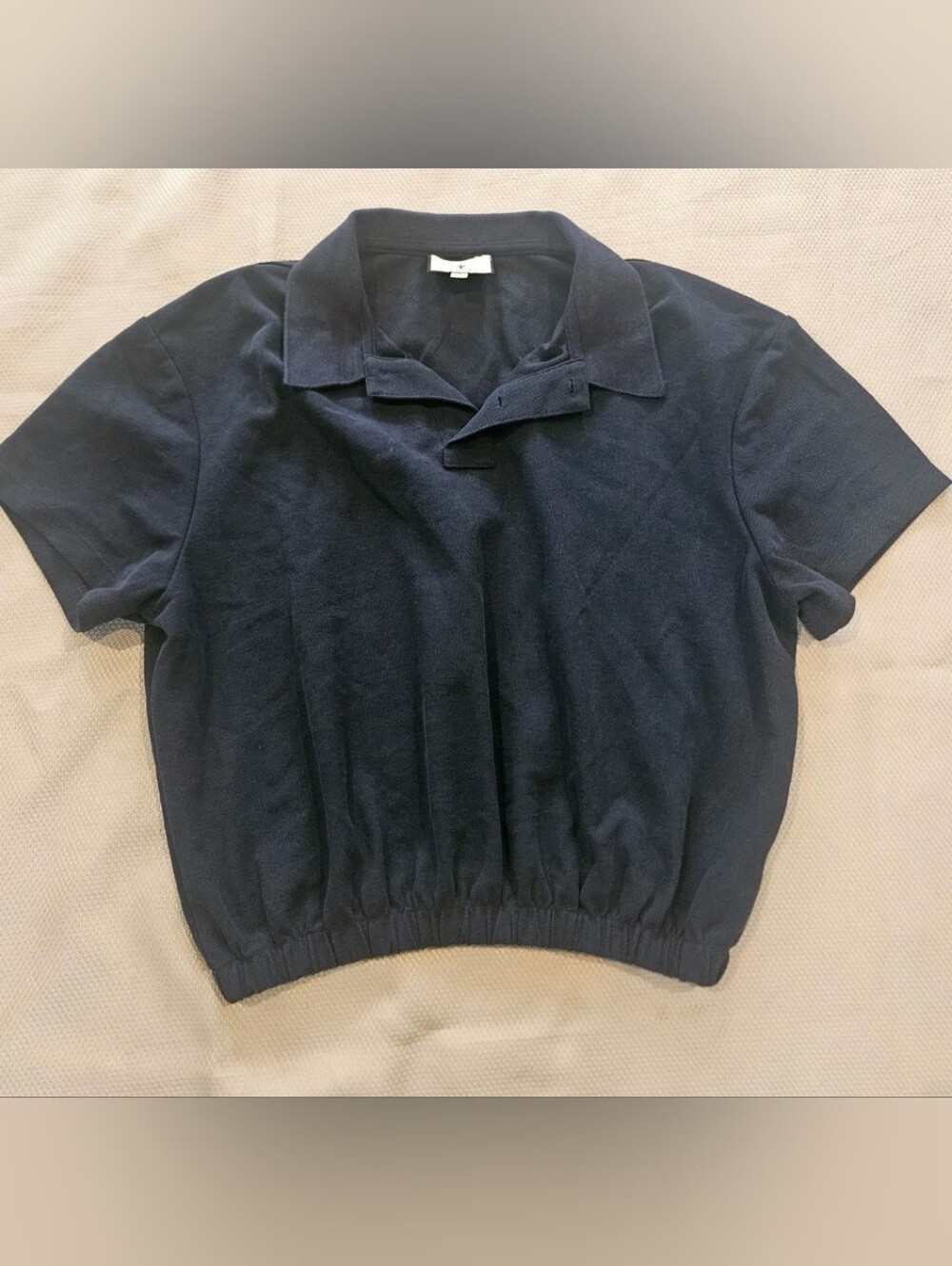 Tuckernuck Top Women Small Navy Blue Polo Shirt Elastic Waist Short Sleeves